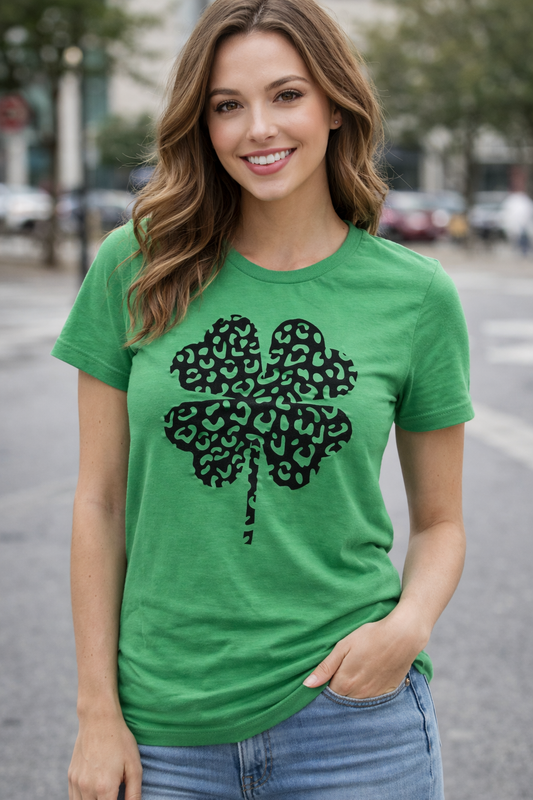 🍀 Leopard Shamrock Tee – Lucky in Style 🍀